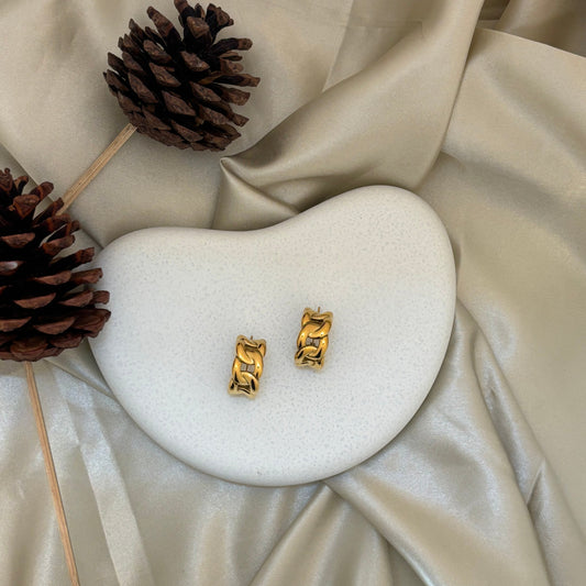 Gold chunky hoop earrings, stud-style with curved open loops
