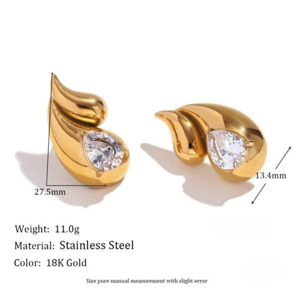 18K gold teardrop earrings with clear crystal center, stainless steel