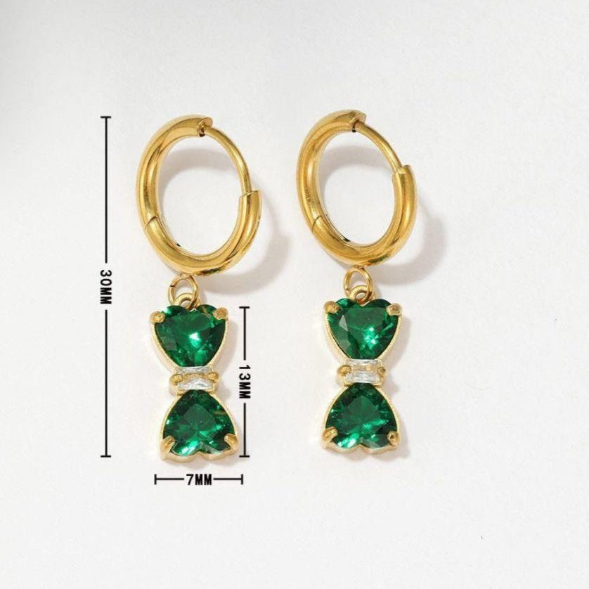 Gold hoop earrings with green bow drop stones, measured size