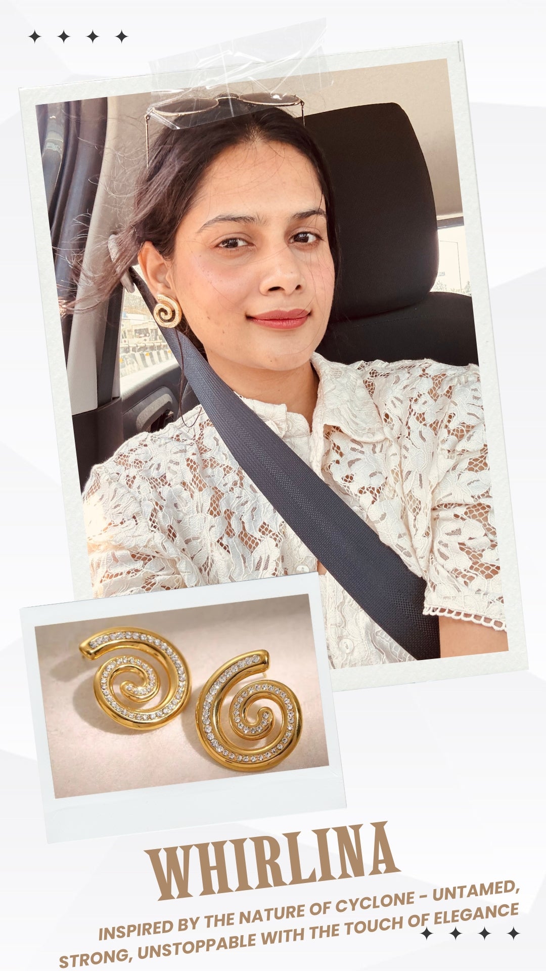 Woman wearing gold spiral stud earrings with crystal pave swirl design