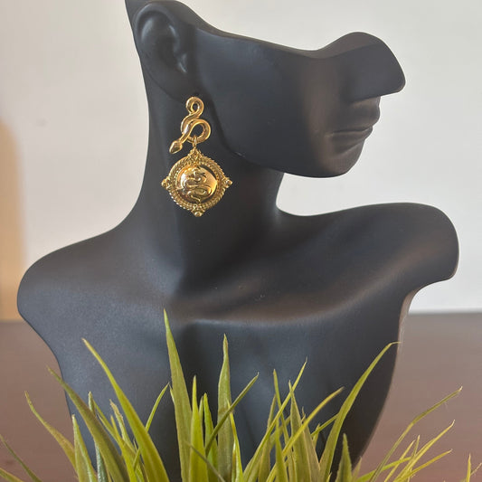 Gold-tone square drop earrings with engraved swirl face and ornate top loop