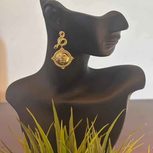 Gold-tone square drop earrings with engraved swirl face and dangling hook