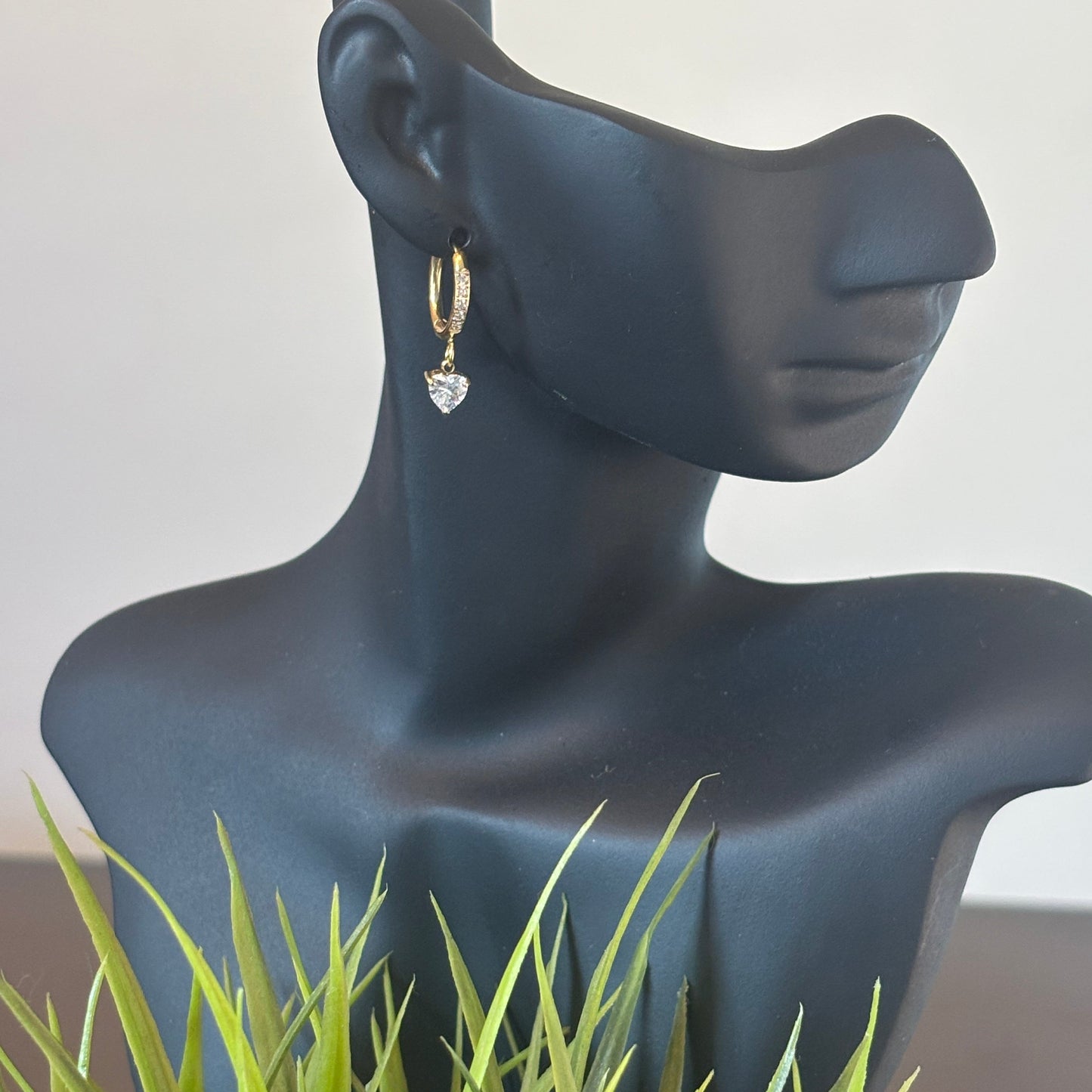 Gold heart drop earrings with clear crystal heart dangles on hoop hooks