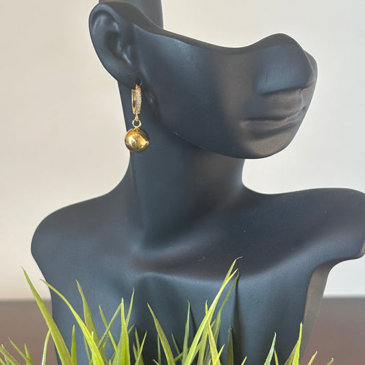 Gold ball drop earrings with hoop tops and small clear crystal accents
