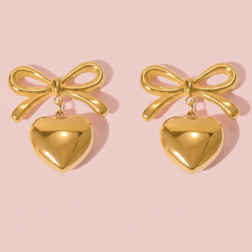 Gold bow and heart drop earrings with heart charms and bow dangle