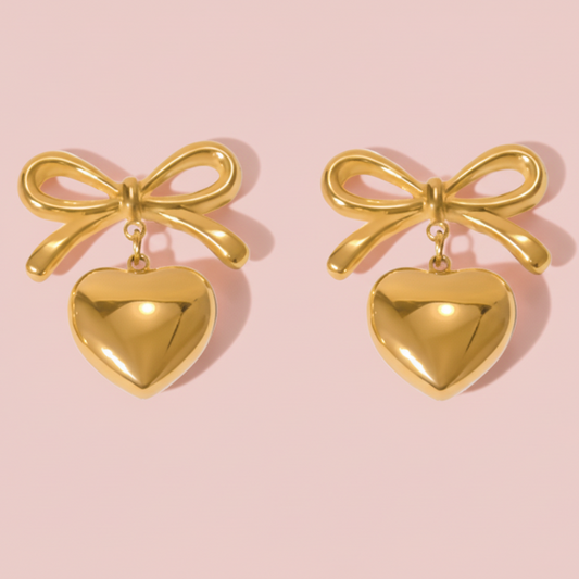 Gold bow and heart drop earrings with heart charms and bow dangle
