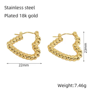 Heart wrap hoop earrings, 22mm x 23mm; stainless steel, 18k gold plated