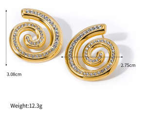 Gold spiral stud earrings, crystal-inlaid swirl pattern