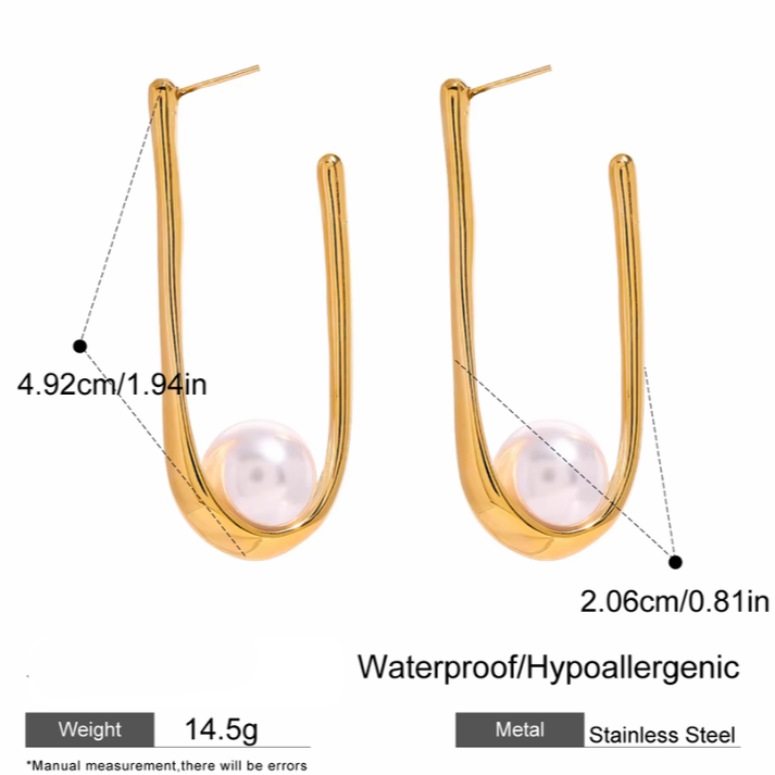Gold-tone hoop earrings with white pearl, approx 4.92 cm length