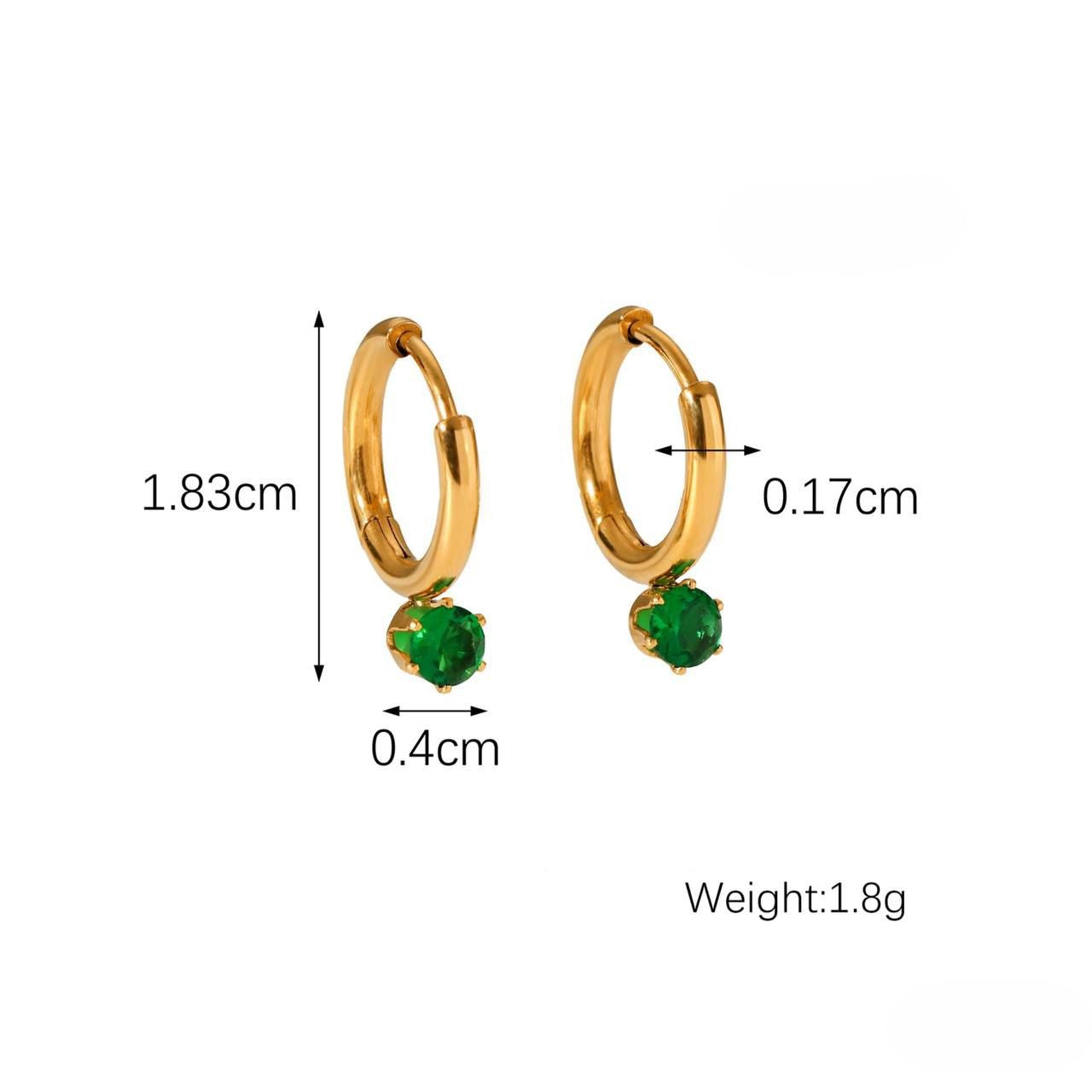 Green gemstone drop hoop earrings, 1.83cm length, 0.4cm width