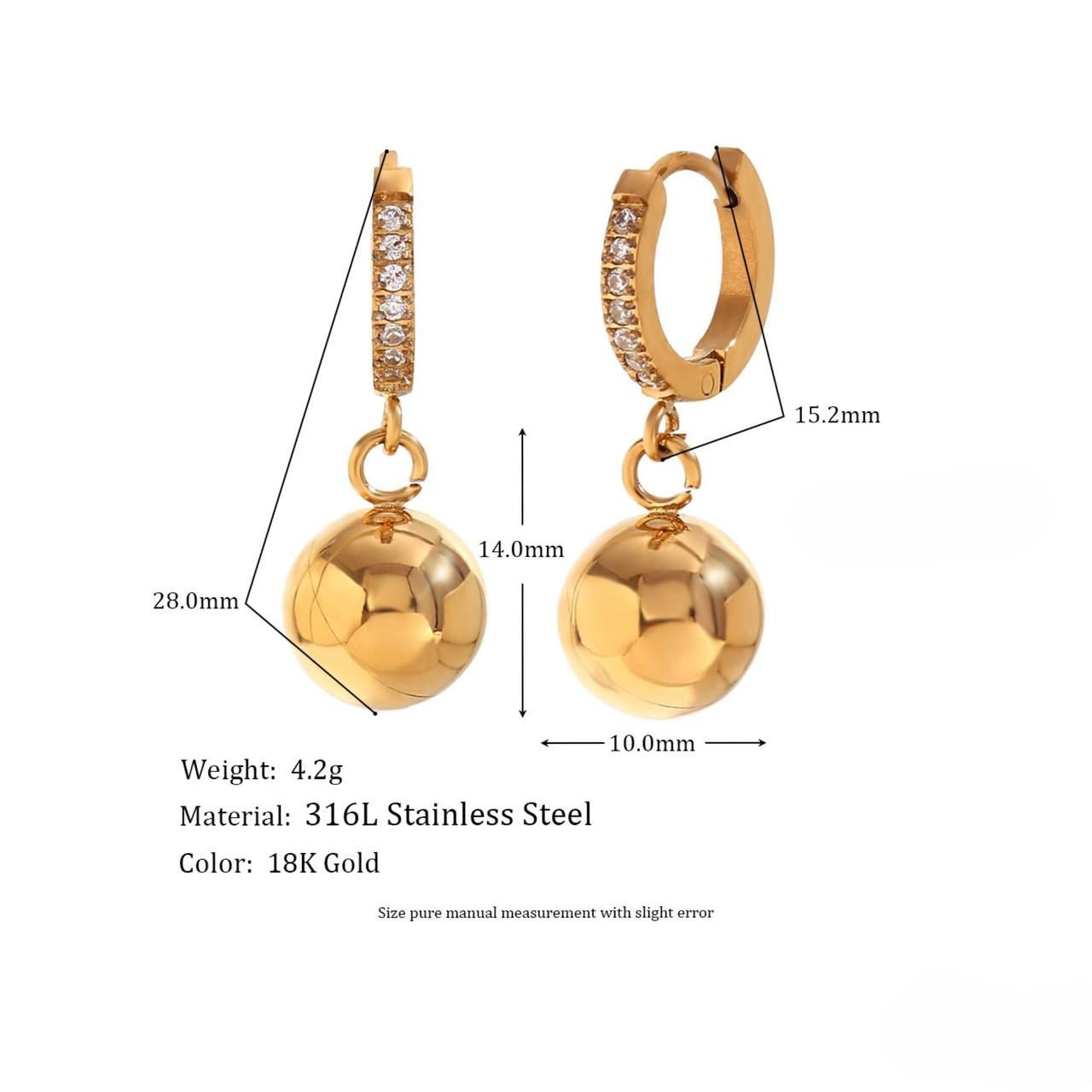 Gold ball drop earring pair with crystal bar and round globe dangles