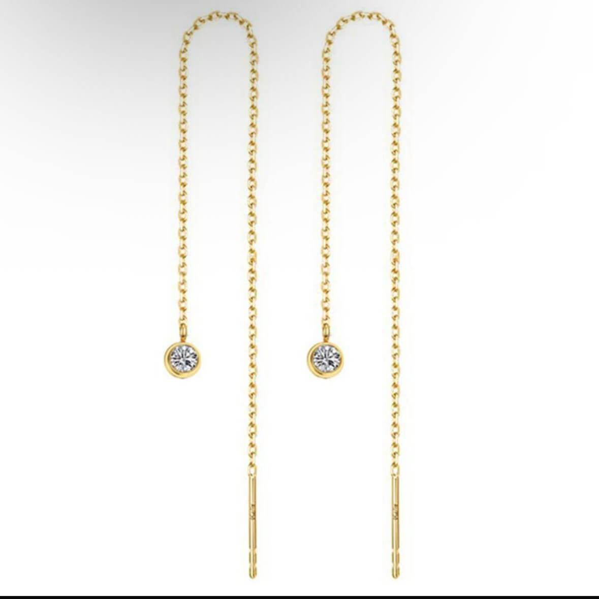 Pair of gold threader drop earrings, round crystal charms on long chains