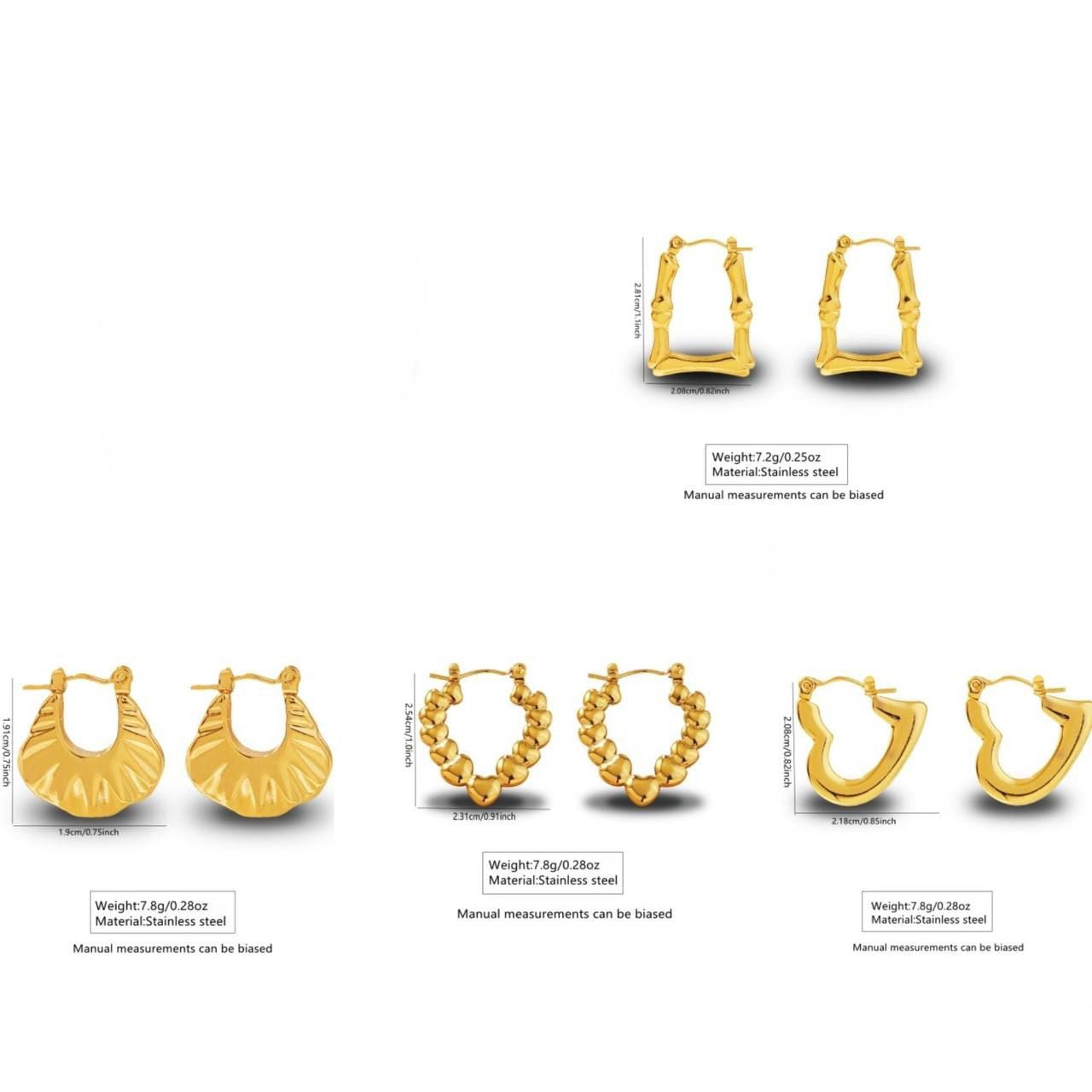 Gold hoop earrings in several styles: square, fan drop, and beaded hoops