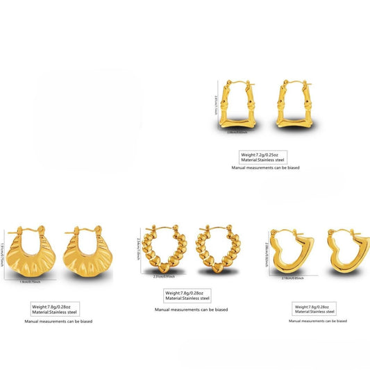Gold hoop earrings in several styles: square, fan drop, and beaded hoops