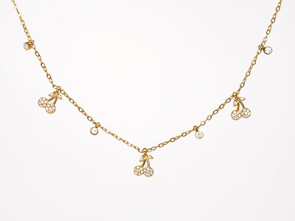 18K Gold Plated Cherry Necklace Online, Cherry Pendant Necklace, Cherry necklace anti tarnish, Cherry Necklace Gold, 18K Gold Plated; Hypoallergenic; Water Proof, cherry charms pendant, pendant for women, cherry necklace, necklaces for women, gold necklaces for women, diamond necklaces for women