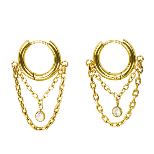 A pair of gold huggie hoop earrings with dangling double-layered chains and a small clear crystal charm, gold hoop earrings women, earrings for women, thick 18k gold plated Hoop Earrings, gold hoop earrings for women,